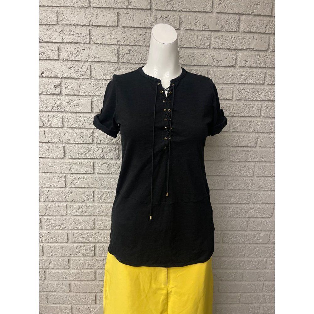 Ralph Lauren Black Rolled Cuff Lace-Up Front Top Size PS